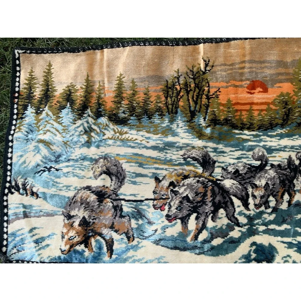 Vintage 60s Velvet Wall Tapestry Alaskan‎ Iditarod Dog Sledding Snowy Sunrise